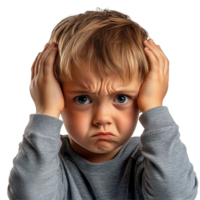 Sad kid boy holding his head in distress with a serious expression indoors, sad kid boy in a bad mood or sick and has problems, file of isolated object on White background png
