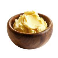 Wooden bowl filled with creamy butter against a simple Transparent background, wooden bowl filled with a mixture butter, background png