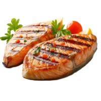 Grilled salmon steak with herbs and lemon slice served on a white plate for a healthy meal option, Salmon grilled roast steak isolated on Transparent background, background png