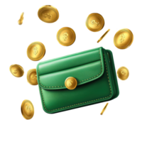 Green wallet floating against a Transparent background with golden coins surrounding it symbolizes wealth and prosperity, background a green wallet with flying golden coins on a transparent png