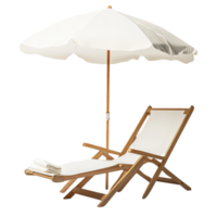White beach chair and umbrella set against a clean background, perfect for relaxation and summertime leisure, Transparent background model beach chair and umbrella png