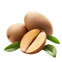 Sapodilla fruit with leaves on Transparent background highlighting its natural texture and sweetness, Sapodilla fruit isolated on background png