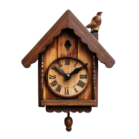 Traditional wooden cuckoo clock displayed on a minimalist Transparent background showcasing craftsmanship and design, traditional wooden cuckoo clock on a minimalist png