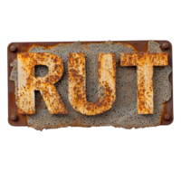Rusted metal sign featuring the word rust prominently displayed on a textured background in an outdoor setting, rusted metal sign with the word rust written on it, Transparent background png
