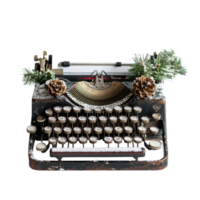 Vintage typewriter adorned with Christmas decorations and winter elements for a festive atmosphere, Vintage Typewriter with Christmas Decorations on Transparent background, background png