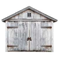 Weathered wooden shed with sliding doors in rustic setting surrounded by nature, Weathered Wooden Shed with Doors Each Sliding to One Side, Transparent background png