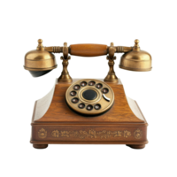 Vintage telephone with wooden case and rotary dial showcasing craftsmanship and historical design elements, Vintage Telephone with Wooden Case and Rotary Dial, Transparent background png