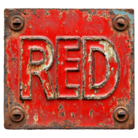Rusty red sign with the word red prominently displayed on a Transparent background, showcasing weathered textures, rusty red sign with the word red on it, background png