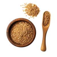 Wheat germ in a wood bowl with a scoop isolated on a Transparent background for healthy eating, Wheat germ in wood bowl and scoopisolated on background png