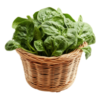 Fresh spinach leaves displayed in a woven basket against a clean Transparent background, Spinach leaves in basketisolated on background png