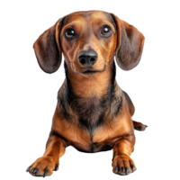 Sausage dog lying down on a Transparent background with a curious expression, sausage dog isolated on White background png