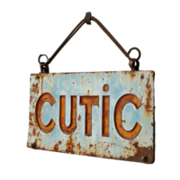 Rustic hanging sign displaying the word cutic on a weathered wall in a vintage setting, rusty sign with the word cutic hanging on a wall, Transparent background png