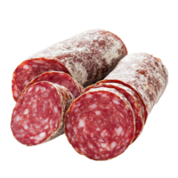 salami rebanado y arreglado en transparente antecedentes para culinario presentación y gastrónomo recetas, salami aislado en antecedentes con png