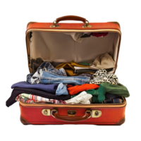 Packed suitcase filled with colorful clothes on a Transparent background ready for travel, suitcase with a lot clothes inside it, background png