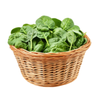 Fresh spinach leaves in a woven basket on a clean Transparent background for healthy cooking and recipes, Spinach leaves in basketisolated on background png