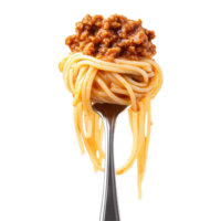 Spaghetti with bolognese sauce on a fork ready to be enjoyed at a dinner table, Spaghetti with sauce bolognese hanging on a fork isolated on Transparent background, background png