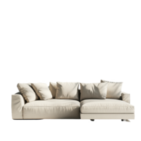 Stylish beige sofa with cushions and vibrant green plants on a bright Transparent background, Sofa and plant on png