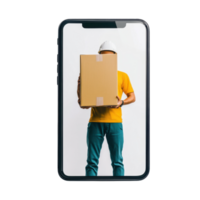 Delivery person holding a box while standing against a Transparent background during daytime work, background a delivery person with a box on a smartphone screen on isolated png