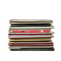 Old magazines stacked neatly on a red table against a Transparent background, stack old magazines on a red table, png
