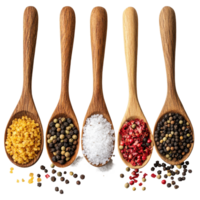 Different types of salt and pepper presented in wooden spoons on a Transparent background for culinary use, spoons with different pepper and salt isolated on white, top view with background png