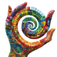 Vivid mosaic art displays a hand holding a colorful spiral shape in bright patterns, Vivid Mosaic Art Hand Holding a Colorful SpiralShaped Structure Swirling Patterns, Transparent background png