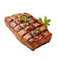 Grilled salmon steak with herbs and garnish on clean white backdrop, Salmon grilled roast steak isolated on Transparent background, background png