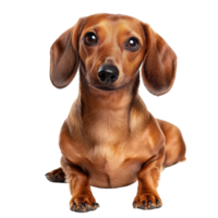 Charming sausage dog with expressive eyes rests on Transparent background, showcasing its sleek coat and playful demeanor, sausage dog isolated on White background png
