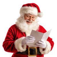 Santa Claus joyfully reads his gift list in a festive setting against a Transparent background, Santa claus smiling when reading gift list on png