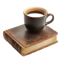 Vintage book with a coffee cup resting on top showcasing a cozy reading atmosphere, Vintage-style book with coffee cup on aisolated on Transparent background png