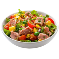 Fresh salad with tuna, tomatoes, and herbs served in a bowl on a Transparent background, salad with tuna isolated on background png