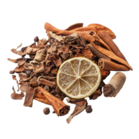 Dried Zanthozylum limonella Alston spices on a clean surface with citrus slice, spices, Dry Zanthozylum limonella Alston isolated on Transparent background png