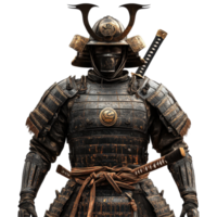 Samurai armor with helmet and katana on a Transparent background showcasing traditional Japanese warrior attire, Samurai Armor with Helmet and Katana, png