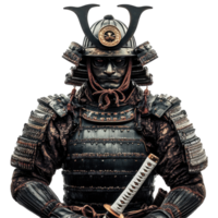Samurai armor featuring a detailed helmet and katana against a Transparent background, Samurai Armor with Helmet and Katana, png