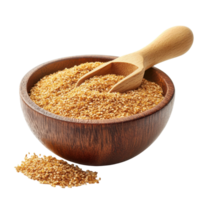 Wheat germ in a wooden bowl with scoop isolated on a Transparent background showcasing its nutritious appeal, Wheat germ in wood bowl and scoopisolated on background png