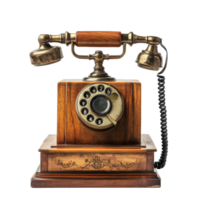 Vintage telephone featuring a wooden case and rotary dial from the early 20th century, Vintage Telephone with Wooden Case and Rotary Dial, Transparent background png