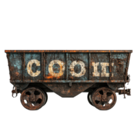 Rusty old train cart displaying a faded coal sign in an industrial setting, rusty old train cart with coal written on it, Transparent background png