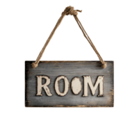 Room sign hanging on a wall with a simple design for interior decoration at home or office, sign that says room hanging on a wall, Transparent background png