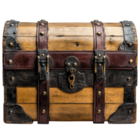 Wooden trunk with metal accents on a Transparent background showcasing craftsmanship and vintage design elements, wooden trunk with metal accents on a png