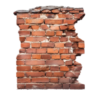 Weathered red brick wall showing signs of collapse and aging with cracked surfaces and missing sections, Ruined, collapsed, cracked, or broken weathered red brick wall, isolated on White background png
