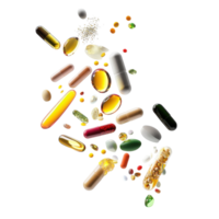 Assorted vitamins and supplements scattered on a Transparent background for health and wellness, vitamins bisolated on background png