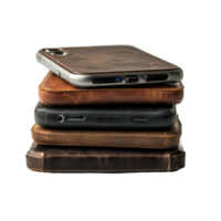 Stack of cell phones with leather cases displayed on a Transparent background in a simple arrangement, stack cell phones with leather cases on top, background png