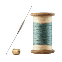 Spool of colorful thread with needle and thimble for sewing and crafting on isolated Transparent background, Spool with needle and thimble isolated on white png