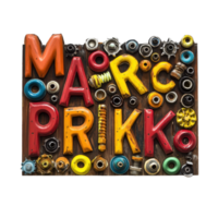 Colorful market sign made of bolts and colorful letters displays creativity and craftsmanship, sign that says market with a lot bolts, Transparent background png