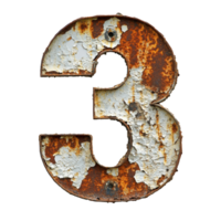 Rusty number three with peeling paint against a Transparent background enhances urban charm, rusty number sign with a rusted surface, background png