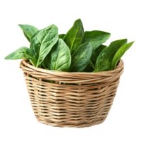 Fresh spinach leaves in a woven basket isolated on a Transparent background, showcasing their vibrant green color and texture, Spinach leaves in basketisolated on background png
