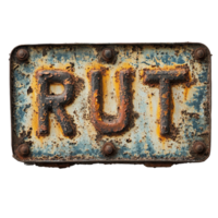 Rusty sign displaying the word rust on a Transparent background, showcasing weathered metal texture and lettering, rusty sign that says rust cast on a png