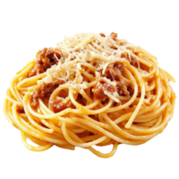 Spaghetti pasta topped with savory meat sauce and grated cheese on a Transparent background, Spaghetti pasta with meat and cheese isolated on background png