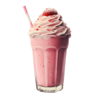 Delicious strawberry milk shake topped with whipped cream and a cherry on a clean Transparent background, strawberry milk shake, png