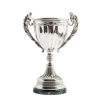 Shiny silver trophy on display showcasing craftsmanship and elegance in a bright setting, Shiny Silver Trophy on Display, Transparent background png
