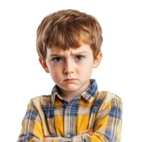triste Garoto dentro uma xadrez camisa expressando frustração com braços cruzado, mostrando humor desafios, triste criança Garoto dentro uma mau humor ou doente e tem problemas, Arquivo do isolado objeto em branco fundo png